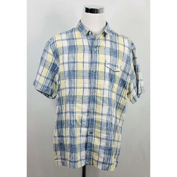Tommy Bahama XL 100% Linen Hawaiian Lounge Shirt Blue Yellow Plaid Short Sleeve - Picture 2 of 4